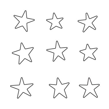 El çizimi yıldız simgeleri, çeşitli beş noktalı siyah çizgili yıldızlar, vektör illüstrasyonu.