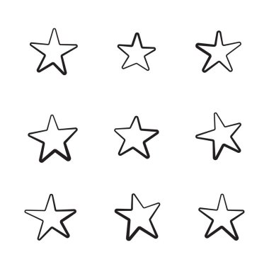 El çizimi yıldız simgeleri, çeşitli beş noktalı siyah çizgili yıldızlar, vektör illüstrasyonu.