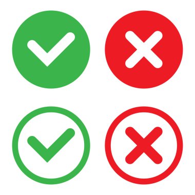 Kene ve çapraz işaretler. Beyaz arkaplanda yeşil ve kırmızı X simgeleri izole.