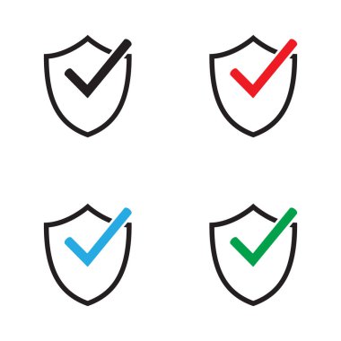 İşaret sembollü kalkan. Tik kalkanı güvenlik simgesi. Vektör simgesi.
