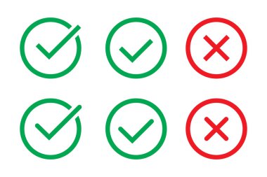 Kene ve çapraz işaretler. Beyaz arkaplanda yeşil ve kırmızı X simgeleri izole.