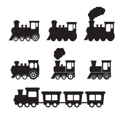 Tren simgesi, duman sembolü simgesi olan tren, eski lokomotif silueti, vektör illüstrasyonunu imzala