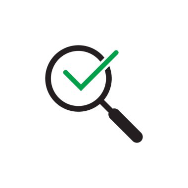 Yeşil keneli büyüteç. Vektör simgesi çizimi. Araştırma kavramları için, sonuçlar bulundu, başarı, incelemeler, inceleme, keşif.