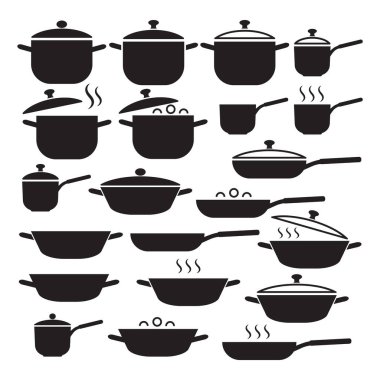 Mutfak gereçleri ikonu vektör seti. Kapaklı tencere ve tava koleksiyonu.