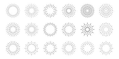 Güneş ışığı seti. En iyi kalite güneş kremi koleksiyonu. Yıldız, havai fişek patlaması, logo, amblem, etiket. Web afişi. Vektör İllüstrasyonu.