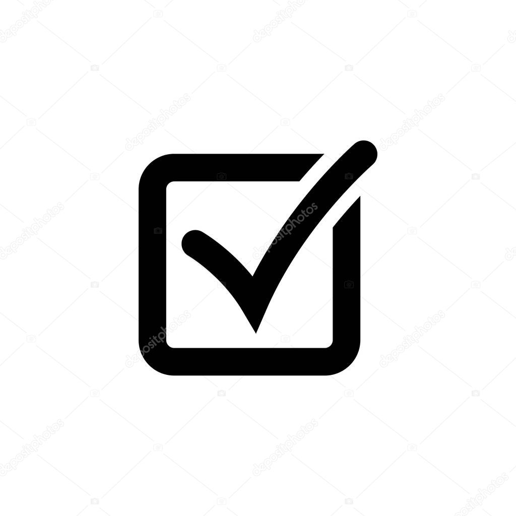 Tick icon vector symbol, checkmark isolated on white background, checked icon or correct choice sign, check mark or checkbox pictogram