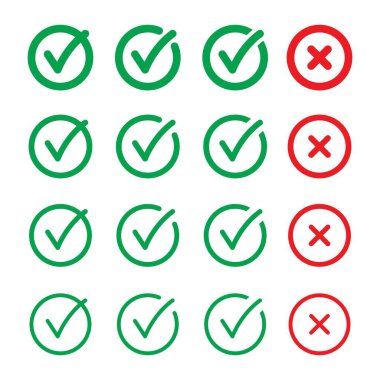 Kene ve çapraz işaretler. Yeşil kontrol işareti ve kırmızı X simgeleri, beyaz arkaplanda izole edilmiş vektör.