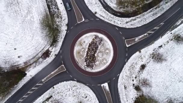 Traffic Circle Cars Winter Aerial View — Stock Video