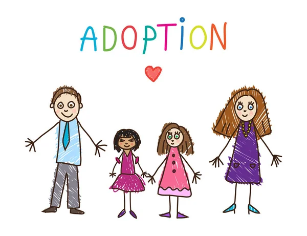Kids Drawing. Adoptive family — Stock Vector