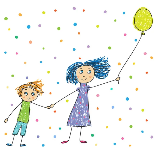 Kids Drawing. Mother and son holding balloon — Stock Vector