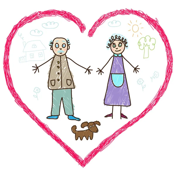 Loving Grandparents Dog Heart Shaped Frame Kids Drawing Style Vector — Stock Vector