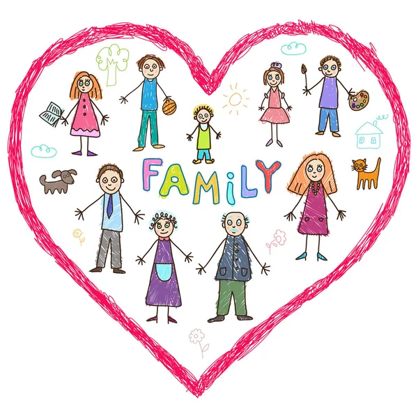 儿童绘画风格 有祖父 两个儿子 两个女儿和婴儿的家庭的心形框图 — 图库矢量图片