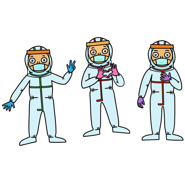 Три Улыбчивых Работника Здравоохранения Protective Gear Щит Лица Хирургическая Маска — стоковый вектор