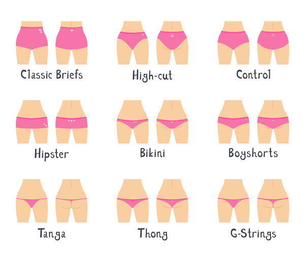 Nine various styles of women's panties: classic briefs, high-cut briefs, control briefs, hipster, bikini, boyshorts, tanga, thong, G-String vector illustration
