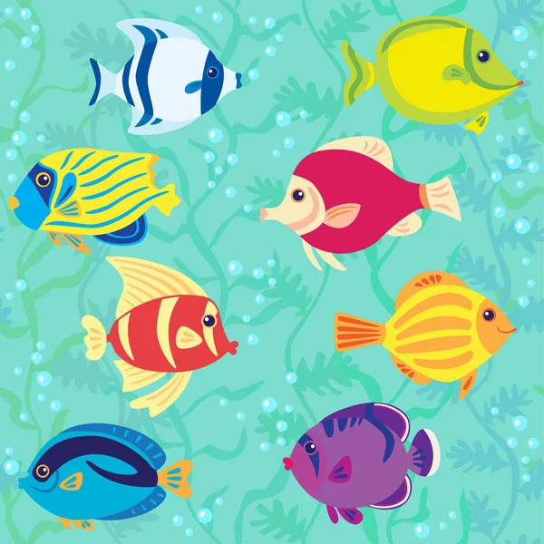 绿蓝色背景矢量图上色彩艳丽的热带鱼无缝图案 — 图库矢量图片