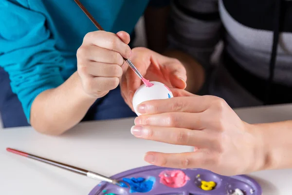 Mother Her Child Painting Easter Eggs Mother Hand Helps Her — Stock Photo, Image