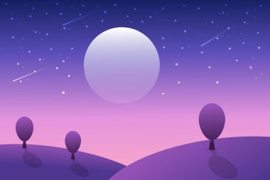 Ay, yıldızlar, tepeler ve ağaçlarla dolu güzel bir gece manzarası. Soyut gece sahnesinin karikatür vektör çizimi. Mor ve koyu mavi renkte güzel bir gece.