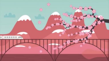 Köprüde ve Japon manzarasında modern tren çalışıyor.