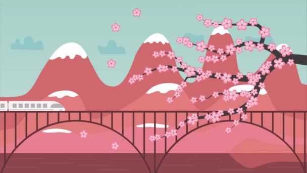 Современный поезд, идущий по мосту и пейзажу Японии — стоковое видео