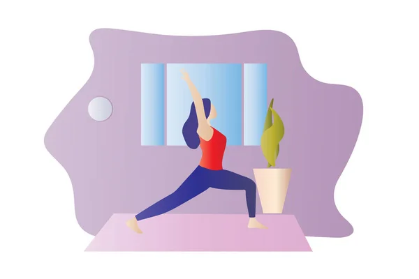 Chica Haciendo Ejercicio Casa Una Sala Estar Una Esterilla Yoga — Vector de stock