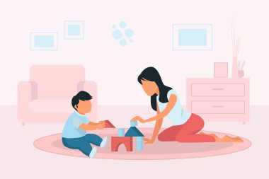 Anne ve çocuklar evdeki rahat oturma odasında oyuncaklarla halının üzerinde oynuyorlar. Çocuğunu büyüten annelik kavramı. Evde kal ve karantina vektörü düz çizgi film çizimi