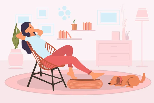 Oturma odasındaki retro sandalyesinde oturan genç bir kadın ve bir kızın ayaklarının yanında yerde uyuyan sevimli bir köpek. Ev kavramında dinlenmek. Vektör illüstrasyonu düz biçimi