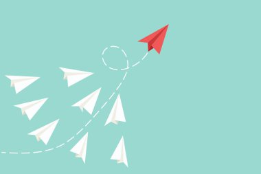 Birçok basit kağıt uçak mavi arka planda izole bir şekilde uçuyor. İlk uçaklardan biri kırmızı ve üzerinde kesik çizgiler var. Tasarım veya metin için alanı kopyala. Düz biçim vektör illüstrasyonu