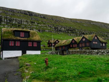 Faroe Adaları. Kirkjubour köyünün çim çatılı geleneksel evleri.