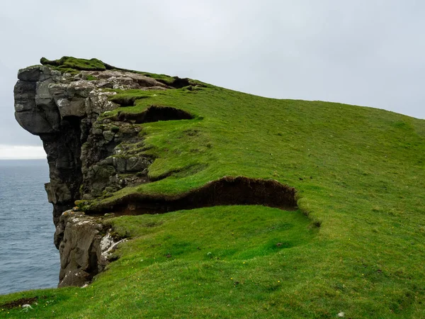 Faroe Islands Tralanpan Slave Cliffs Covered Green Grass Famous Spot — Stock Photo, Image