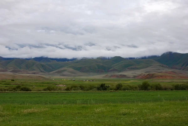 Estepe Perto Lago Songkol Quirguistão Prados Pastagens Montanhas Fundo Profundo — Fotografia de Stock