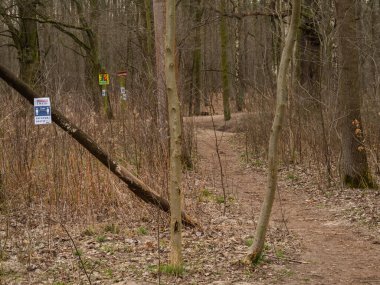 Kabacki Ormanı 'ndaki patikada koronavirüs salgınına karşı mesafeyi korumakla ilgili bilgiler var. Varşova