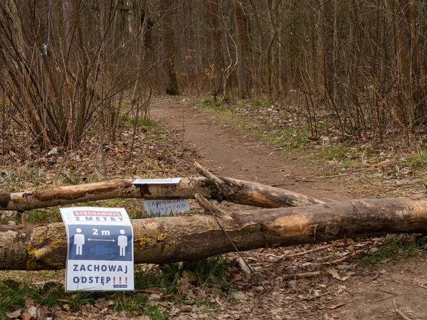 The path in Kabacki forest with information about keeping distance due to coronavirus pandemic. Translation of text: Coronavirus 2 meters, keep distance, encourage others to do so.