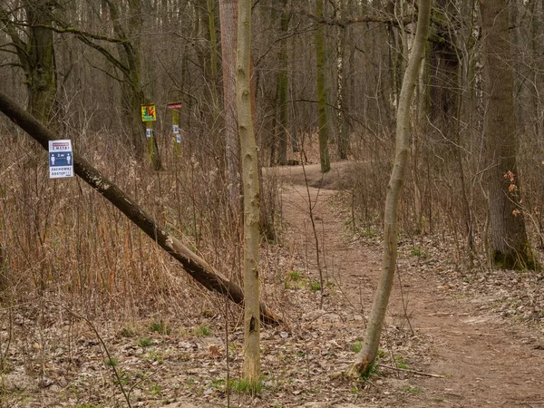 Kabacki Ormanı 'ndaki patikada koronavirüs salgınına karşı mesafeyi korumakla ilgili bilgiler var. Varşova
