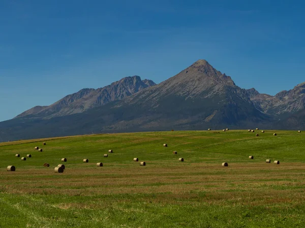 Gyönyörű Nyári Panoráma Szepesi Hegység Felett Szénakazalokkal Tátrába Lengyelországba — Stock Fotó