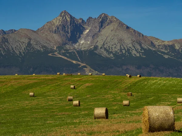 Beautiful Summer Panorama Spisz Highland Sheaves Hay Tatra Mountains Poland Stock Picture