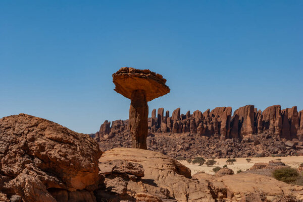 Sandstone towers in form of mushroom in the Ennedi desert of Chad, Africa