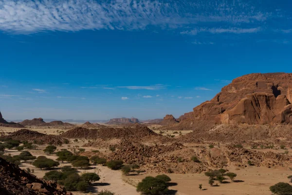 天然岩の形成 木や遊牧民の小さな小屋 サハラ砂漠でEnnedi高原 チャド アフリカ — ストック写真