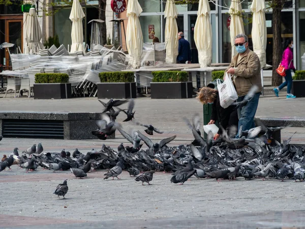 Cracow ポーランド 2020年4月22日 コロナウイルスの流行の間にカラスのメイン広場にハトの餌を与えます 観光客も住民もマスクをしてる — ストック写真