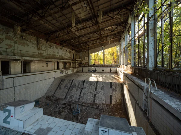 乌克兰切尔诺贝利附近普里皮亚特的学校被废弃的空游泳池 体育馆的四周长满了树木和灌木丛 — 图库照片