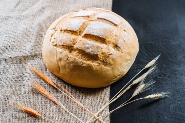 Siyah ahşap zemin üzerinde kokulu beyaz ekmek ve buğday taneleri