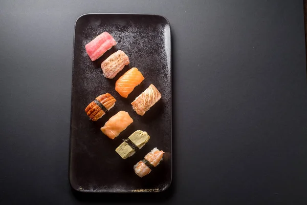 Sashimi Sushi Set Zwarte Achtergrond — Stockfoto