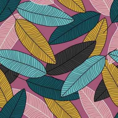 Yaratıcı yaprak duvar kağıdı. Pembe arka planda modern yapraklar pürüzsüz desen.