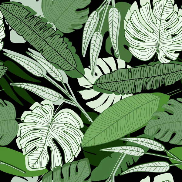 Jungle palm blad sömlös mönster på svart bakgrund. — Stock vektor
