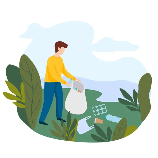 Doğa temizliği konsepti. Gönüllü çöp topluyor. Adam nehir kenarını temizliyor. — Stok Vektör
