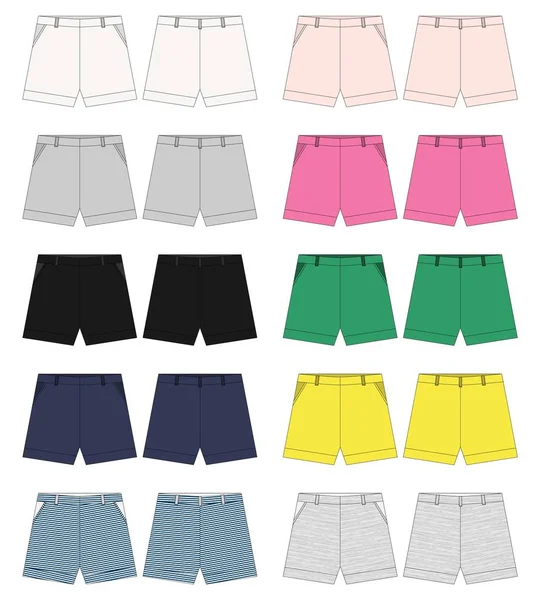 Uppsättning tekniska skiss kvinnors klassiska shorts byxor design mall. — Stock vektor