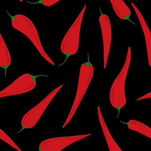 Chili poivrons motif sans couture sur fond noir . — Image vectorielle