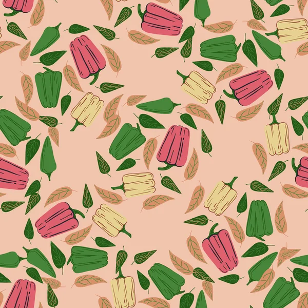 Vintage bell pepper seamless pattern on pink background. — Stock Vector