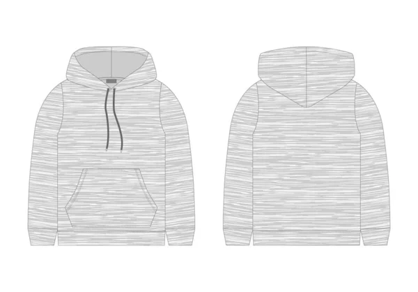 Teknisk skiss för män hoodie i melange tyg. Mockup mall hoody. — Stock vektor