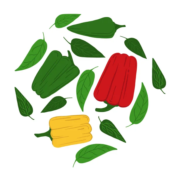 Перец и листья на белом фоне. Ручной рисунок овощей. V — стоковый вектор