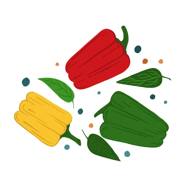 Poivrons et feuilles. Tirage à la main empreinte de légumes . — Image vectorielle